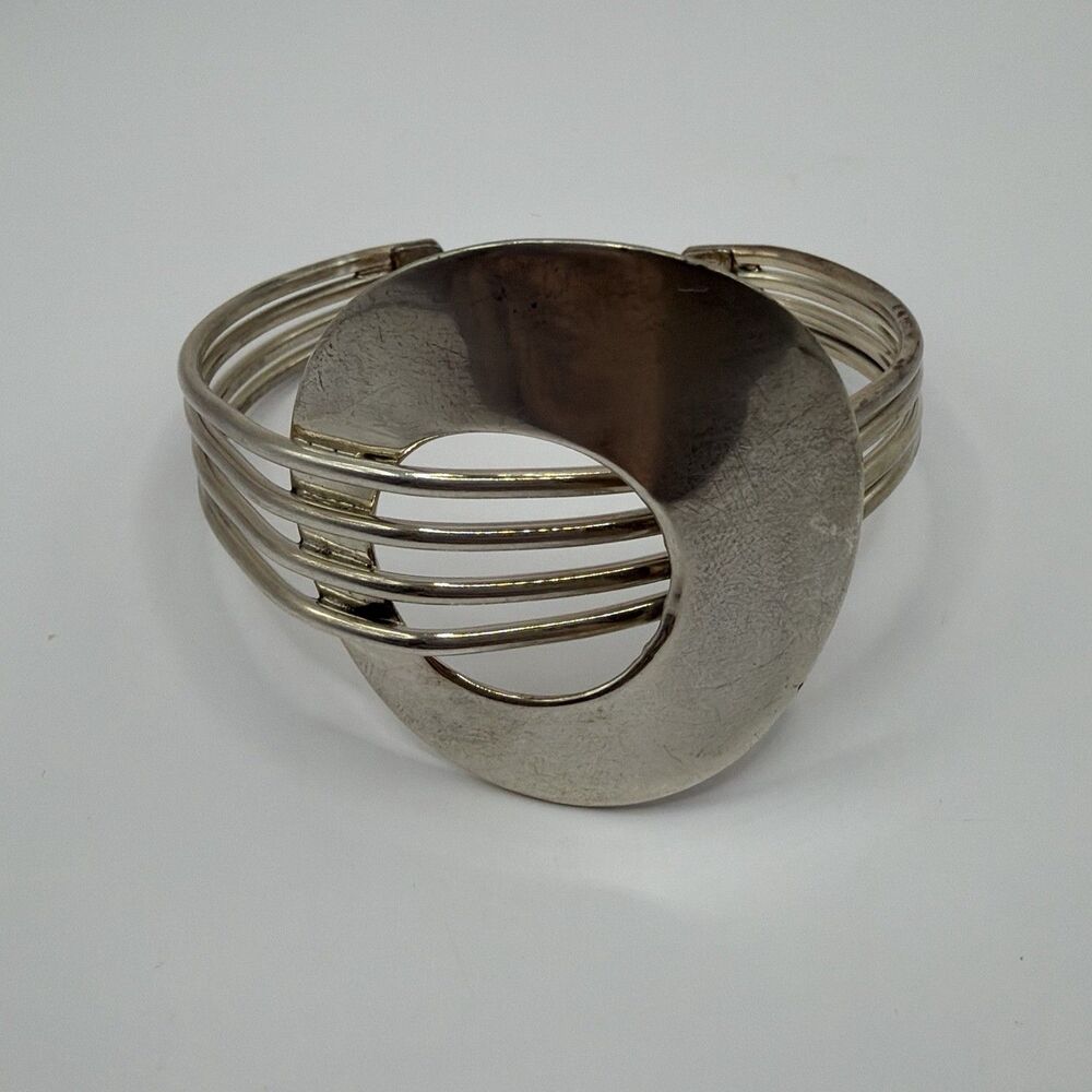 925 Sterling Silver Modernist Wide Cuff Bracelet Geometric 30.8g Adjustable